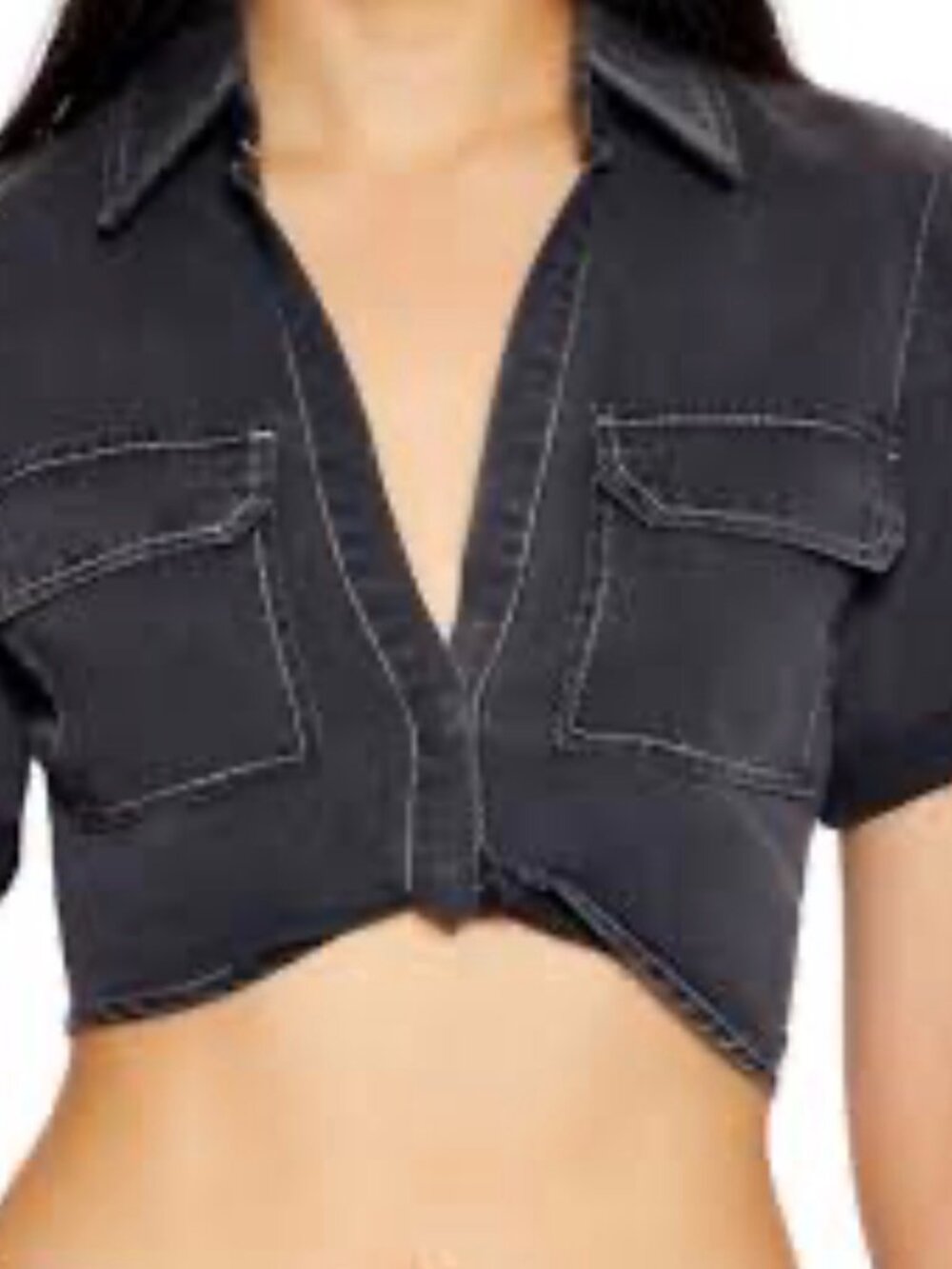 NWT Washed Grey Denim Short Sleeve Cropped Twist Front Top, Size Medium